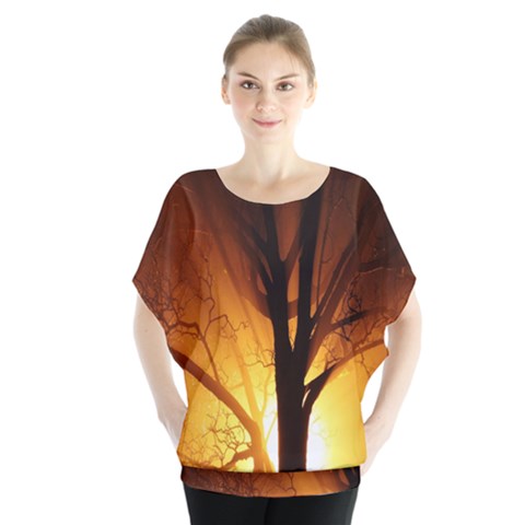 Rays Of Light Tree In Fog At Night Blouse by Amaryn4rt