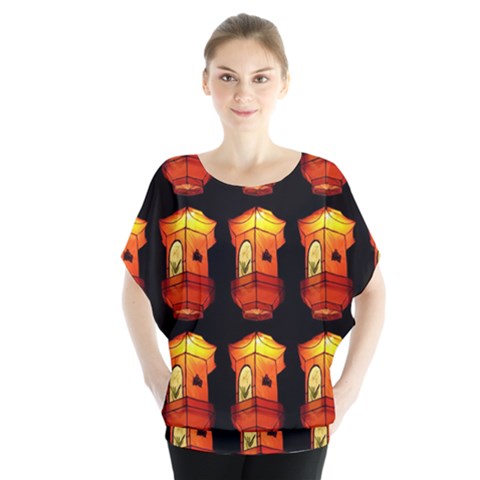 Paper Lanterns Pattern Background In Fiery Orange With A Black Background Blouse by Simbadda