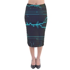 Blue Aqua Digital Art Circuitry Gray Black Artwork Abstract Geometry Velvet Midi Pencil Skirt by Simbadda