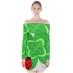 Insect Flower Floral Animals Green Red Line Long Sleeve Off Shoulder Dress by Mariart