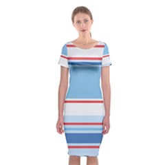 Navy Blue White Red Stripe Blue Finely Striped Line Classic Short Sleeve Midi Dress by Mariart