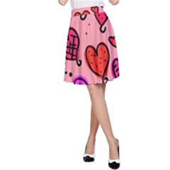 Valentine Wallpaper Whimsical Cartoon Pink Love Heart Wallpaper Design A-line Skirt by Nexatart