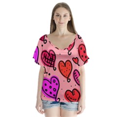 Valentine Wallpaper Whimsical Cartoon Pink Love Heart Wallpaper Design Flutter Sleeve Top by Nexatart