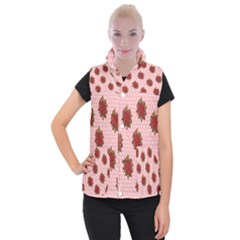 Pink Polka Dot Background With Red Roses Women s Button Up Puffer Vest by Nexatart