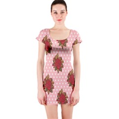 Pink Polka Dot Background With Red Roses Short Sleeve Bodycon Dress by Nexatart