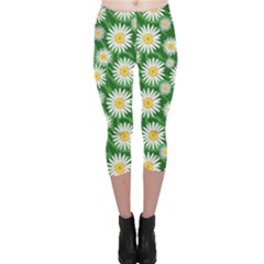 Flower Sunflower Yellow Green Leaf White Capri Leggings  by Mariart