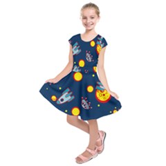 Rocket Ufo Moon Star Space Planet Blue Circle Kids  Short Sleeve Dress by Mariart