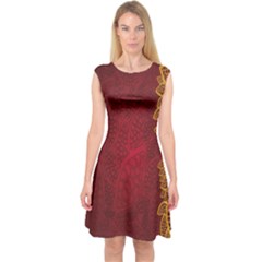 Floral Flower Golden Red Leaf Capsleeve Midi Dress by Mariart