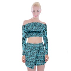 Turquoise Pattern Off Shoulder Top With Skirt Set by linceazul