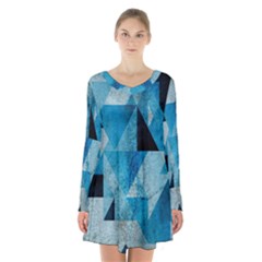 Plane And Solid Geometry Charming Plaid Triangle Blue Black Long Sleeve Velvet V-neck Dress by Mariart