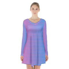 Turquoise Pink Stripe Light Blue Long Sleeve Velvet V-neck Dress by Mariart