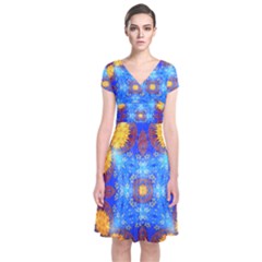 Easter Eggs Egg Blue Yellow Short Sleeve Front Wrap Dress by Nexatart