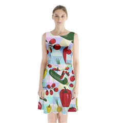 Vegetables Cucumber Tomato Sleeveless Waist Tie Chiffon Dress by Nexatart