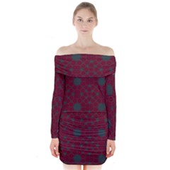 Blue Hot Pink Pattern With Woody Circles Long Sleeve Off Shoulder Dress by Nexatart