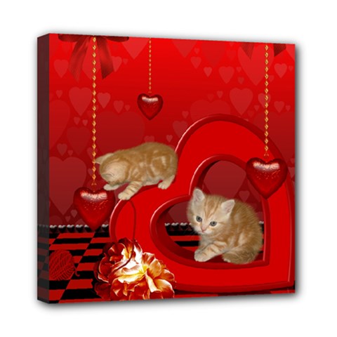 Cute, Playing Kitten With Hearts Mini Canvas 8  X 8  by FantasyWorld7