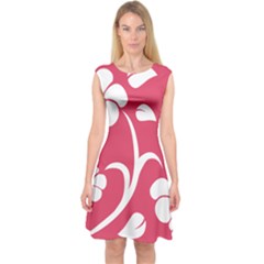 Pink Hawaiian Flower White Capsleeve Midi Dress by Mariart