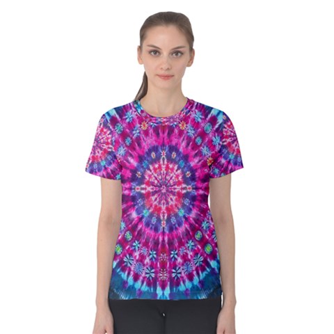 Red Blue Tie Dye Kaleidoscope Opaque Color Circle Women s Cotton Tee by Mariart