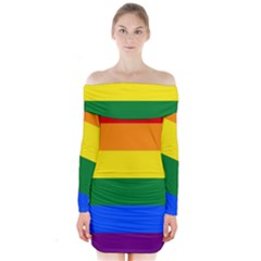 Pride Rainbow Flag Long Sleeve Off Shoulder Dress by Valentinaart