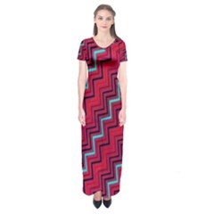 Red Turquoise Black Zig Zag Background Short Sleeve Maxi Dress by BangZart