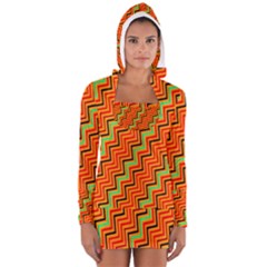 Orange Turquoise Red Zig Zag Background Women s Long Sleeve Hooded T-shirt by BangZart