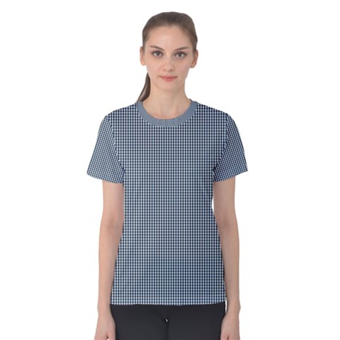 Silent Night Blue Mini Gingham Check Plaid Women s Cotton Tee by PodArtist