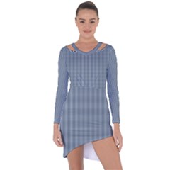 Silent Night Blue Mini Gingham Check Plaid Asymmetric Cut-out Shift Dress by PodArtist