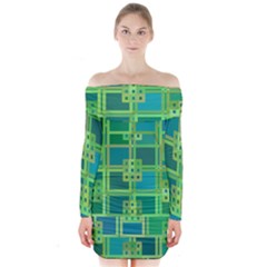 Green Abstract Geometric Long Sleeve Off Shoulder Dress by BangZart