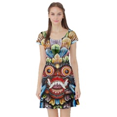 Wood Sculpture Bali Logo Short Sleeve Skater Dress by BangZart