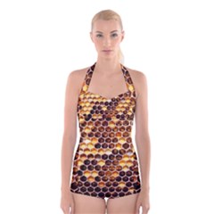 Honey Honeycomb Pattern Boyleg Halter Swimsuit  by BangZart