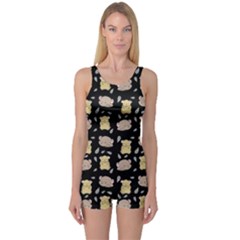 Cute Hamster Pattern Black Background One Piece Boyleg Swimsuit by BangZart