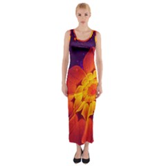 Royal Blue, Red, And Yellow Fractal Gerbera Daisy Fitted Maxi Dress by jayaprime