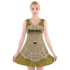 Golden Forest Silver Tree In Wood Mandala V-neck Sleeveless Skater Dress by pepitasart