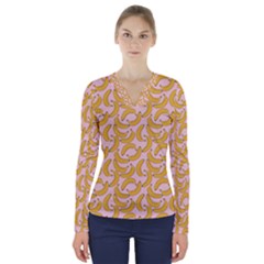 Pastel Pink And Yellow Banana Pattern V-neck Long Sleeve Top by NorthernWhimsy