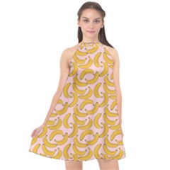 Pastel Pink And Yellow Banana Pattern Halter Neckline Chiffon Dress  by NorthernWhimsy