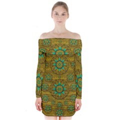 Sunshine And Flowers In Life Pop Art Long Sleeve Off Shoulder Dress by pepitasart