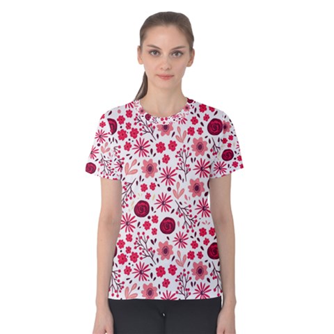 Red Floral Seamless Pattern Women s Cotton Tee by TastefulDesigns