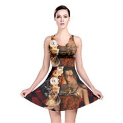 Steampunk, Beautiful Steampunk Lady With Clocks And Gears Reversible Skater Dress by FantasyWorld7