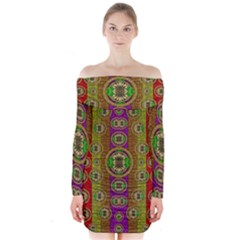 Rainbow Flowers In Heavy Metal And Paradise Namaste Style Long Sleeve Off Shoulder Dress by pepitasart