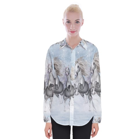 Awesome Running Horses In The Snow Womens Long Sleeve Shirt by FantasyWorld7