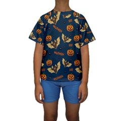 Bat, Pumpkin And Spider Pattern Kids  Short Sleeve Swimwear by Valentinaart