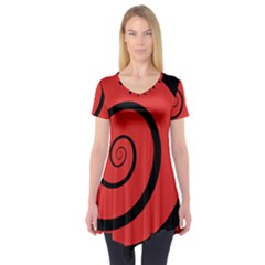 Double Spiral Thick Lines Black Red Short Sleeve Tunic  by Mariart