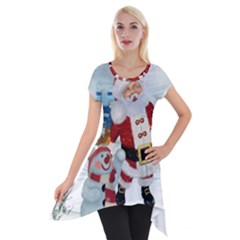 Funny Santa Claus With Snowman Short Sleeve Side Drop Tunic by FantasyWorld7