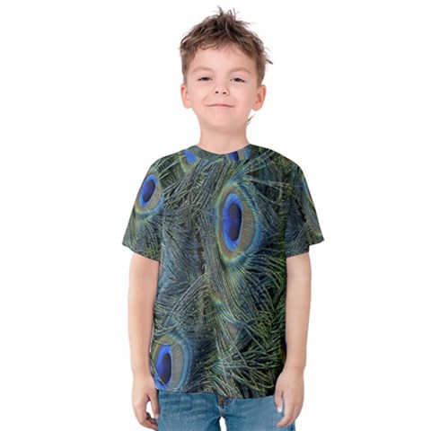 Peacock Feathers Blue Bird Nature Kids  Cotton Tee by Nexatart