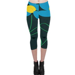 Whimsical Blue Flower Green Sexy Capri Leggings  by Mariart