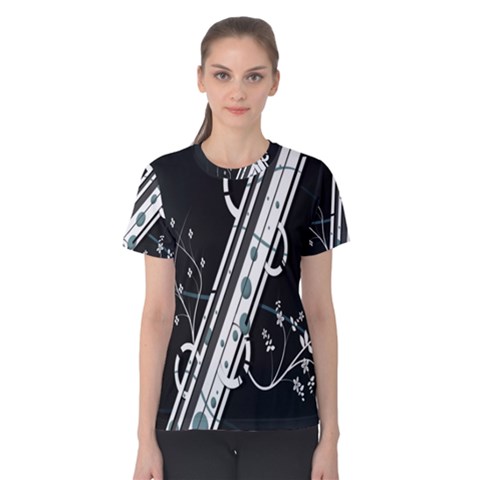 Line Light Leaf Flower Floral Black White Beauty Polka Women s Cotton Tee by Mariart