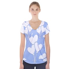 Clouds Sky Air Balloons Heart Blue Short Sleeve Front Detail Top by Nexatart