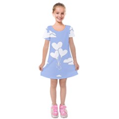 Clouds Sky Air Balloons Heart Blue Kids  Short Sleeve Velvet Dress by Nexatart