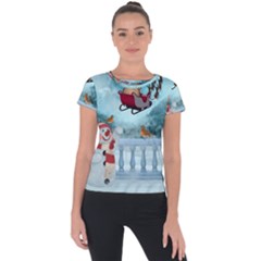 Christmas Design, Santa Claus With Reindeer In The Sky Short Sleeve Sports Top  by FantasyWorld7