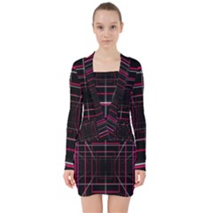 Retro Neon Grid Squares And Circle Pop Loop Motion Background Plaid V-neck Bodycon Long Sleeve Dress by Mariart