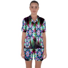 Colorful Fractal Flower Star Green Purple Satin Short Sleeve Pyjamas Set by Mariart